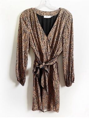 Greylin Anthropologie dress tan black leopard print mini waist tie surplice
